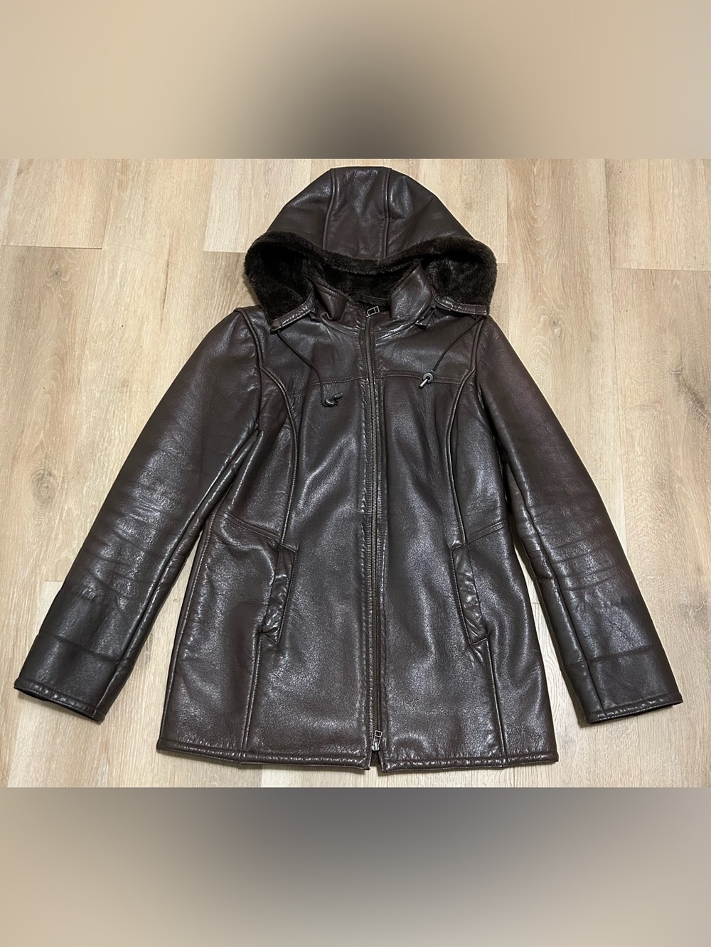 Danier Women's Hooded Leather Jacket in Dark Brown